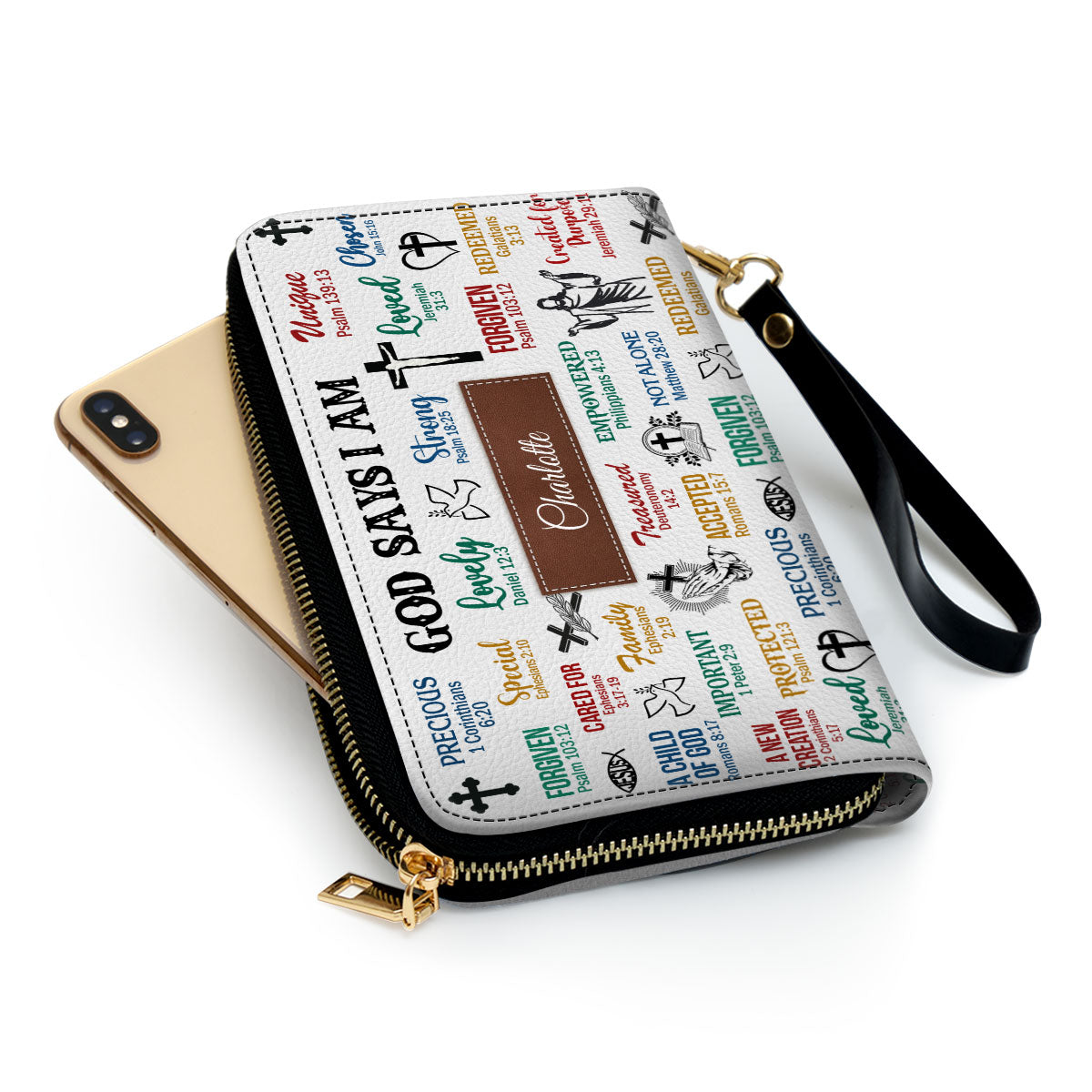 Jesuspirit | What God Says About You | Christian Presents For Religious Women | Personalized Zippered Leather Clutch Purse With Wristlet Strap Handle CPH742