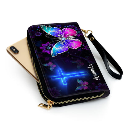 Jesuspirit | Let All You Do Be Done In Love | Personalized Leather Clutch Purse | 1 Corinthians 16:14 | Cross And Butterfly CPH707