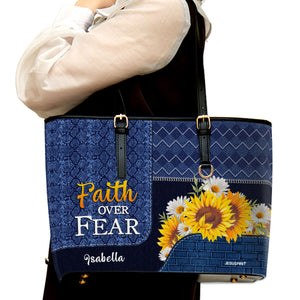 Jesuspirit | Faith Gifts For Christian Women | Personalized Large Leather Tote Bag With Long Strap | Faith Over Fear LLTBHN674