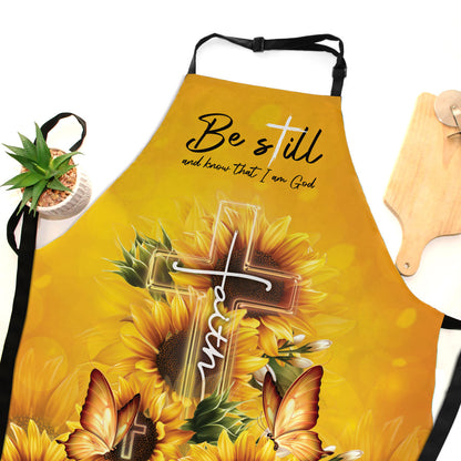 Jesuspirit | Psalm 46:10 | Be Still And Know That I Am God | Sunflower & Faith Cross | Apron With Tie Back Closure HN109