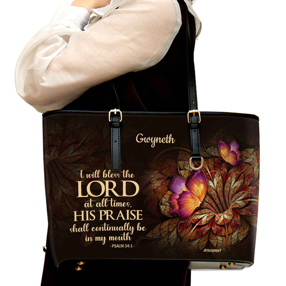 Jesuspirit | Lily And Butterfly | Psalm 34:1 | I Will Bless The Lord At All Times | Personalized Large Leather Tote Bag LLTBH605