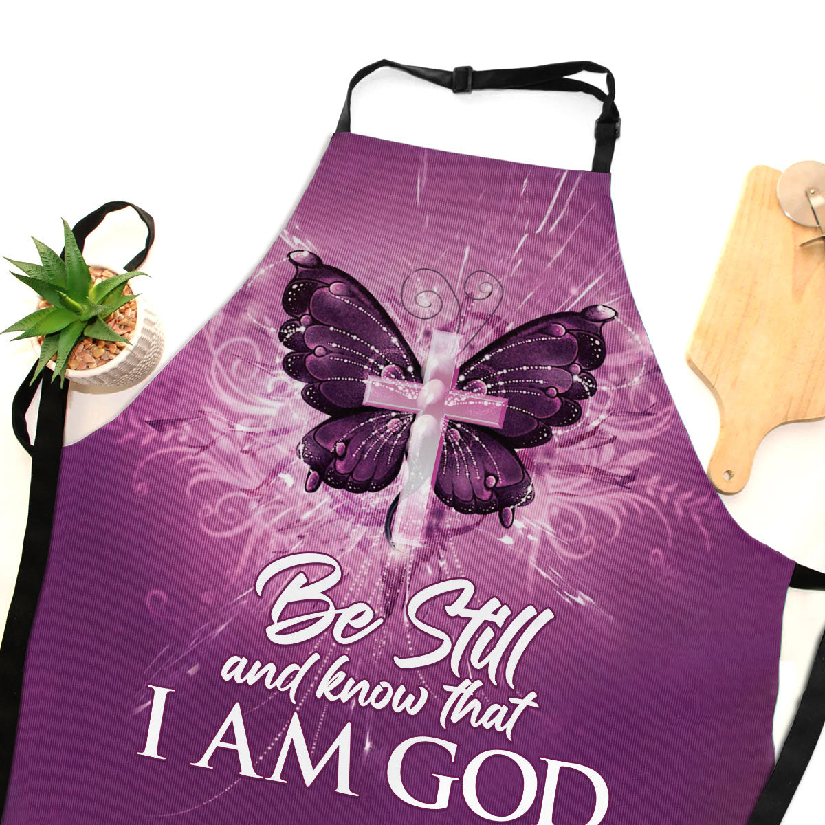 Jesuspirit | Be Still And Know That I Am God | Butterfly And Cross | Psalm 46:10 | Stunning Purple Apron With Neck Strap A47