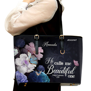 Jesuspirit | Solomon 2:10 | He Calls Me Beautiful One | Personalized Large Leather Tote Bag | Flower And Butterfly LLTBHN645