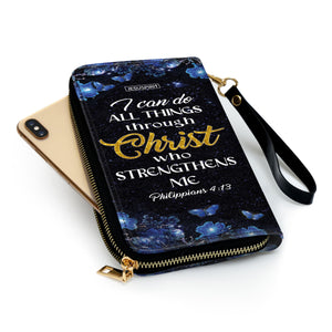 Jesuspirit | Personalized Butterfly Zippered Leather Clutch Purse | Philippians 4:13 | I Can Do All Things Through Christ | Scripture Gifts For Religious Women NM143M