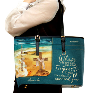 Jesuspirit | Gorgeous Personalized Bag With Long Strap | Footprints In The Sand | Large Leather Tote Bag LLTBHN490