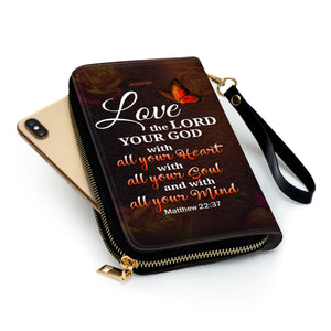 Jesuspirit | Matthew 22:37 | Bible Verse Spiritual Gifts For Women | Personalized Zippered Leather Clutch Purse | Love The Lord Your God With All Your Heart NUH469H