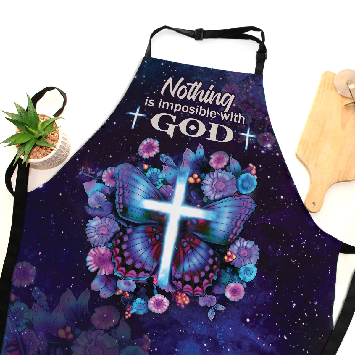 Jesuspirit Apron With Adjustable Neck Strap | Butterfly & Cross | Luke 1:37 | Nothing Is Impossible With God HN156