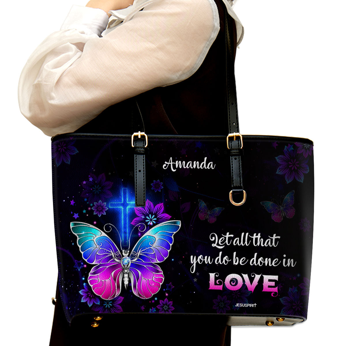 Jesuspirit | Personalized Large Leather Tote Bag | 1 Corinthians 16:14 | Let All You Do Be Done In Love LLTBH707