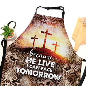 Jesuspirit | Religious Gift For Christians | Leopard Pattern And Cross | Because He Lives I Can Face Tomorrow | Apron With Neck Strap A03