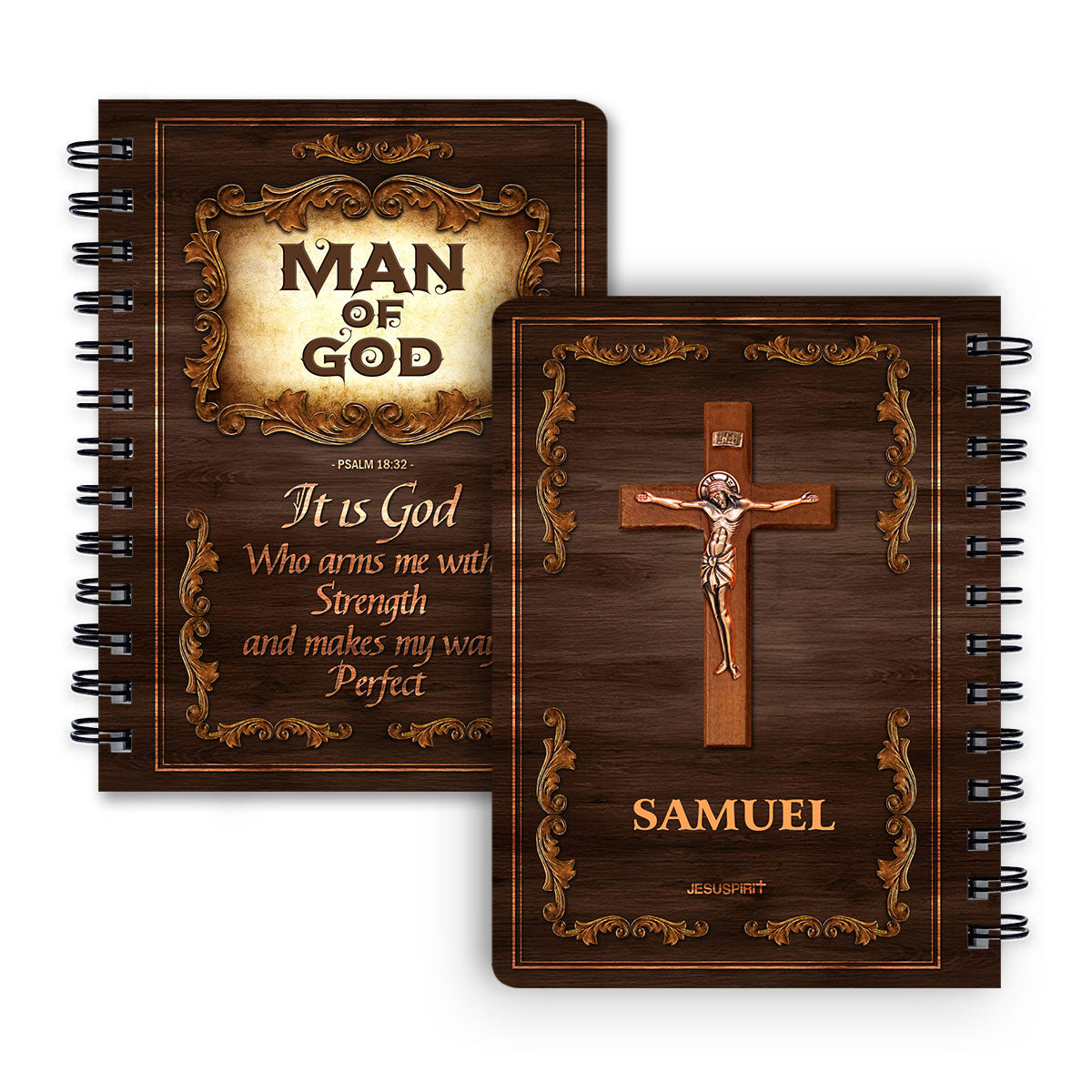 Jesuspirit Personalized Spiral Journal | Religious Gifts For Christian Men | Psalm 18:32 | Man Of God | Jesus And Cross SJH720