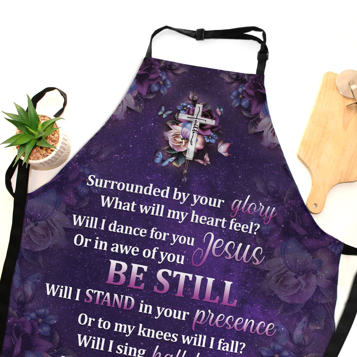 Jesuspirit | Surrounded By Your Glory | Apron With Neck Strap | Rose And Cross | Meaningful Gift For Christians HH175B