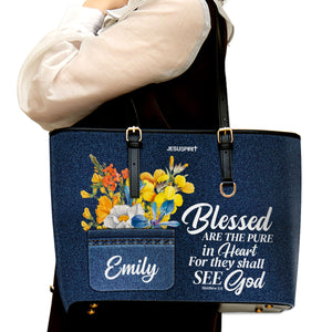 Jesuspirit | Personalized Large Leather Tote Bag With Long Strap | Faith Gifts For Christ Women | Blessed Are The Pure In Heart | Matthew 5:8 LLTBHB677