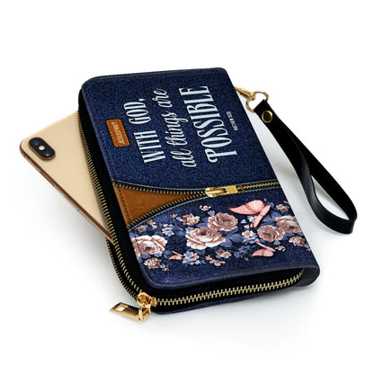 Jesuspirit | Matthew 19:26 | With God All Things Are Possible | Zippered Clutch Purse With Wristlet Strap Handle | Christ Gift For Religious Woman CPHN673