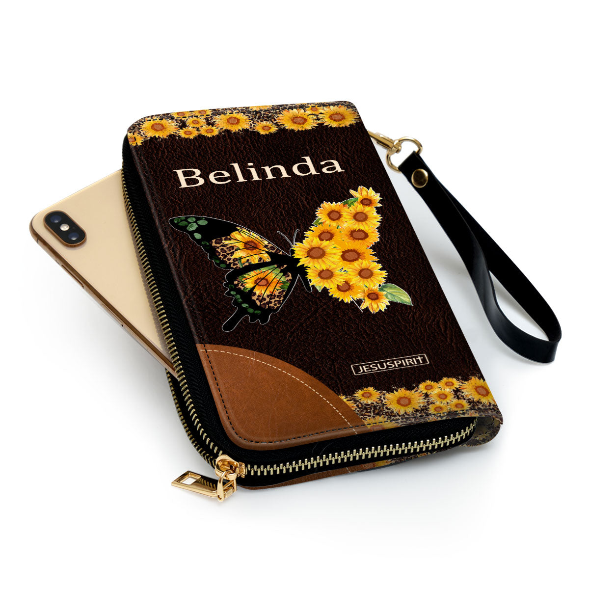 Jesuspirit | We Love Because He First Loved Us | 1 John 4:19 | Personalized Sunflower Zippered Leather Clutch Purse | Bible Verse Gifts For Religious Women NUM444C