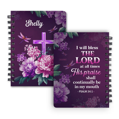 Jesuspirit | Cross And Flower | I Will Bless The Lord At All Times | Psalm 34:1 | Personalized Spiral Journal SJH24