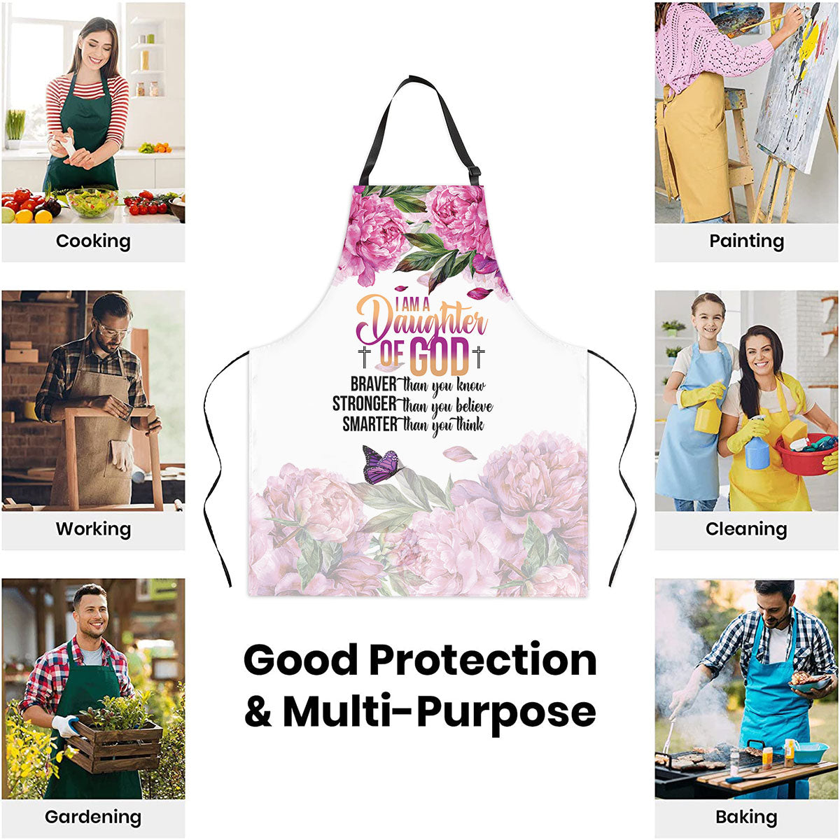 Jesuspirit | Useful Gift For Christian Women | Apron With Tie Back | I Am A Daughter Of God | Flower & Butterfly AHM28