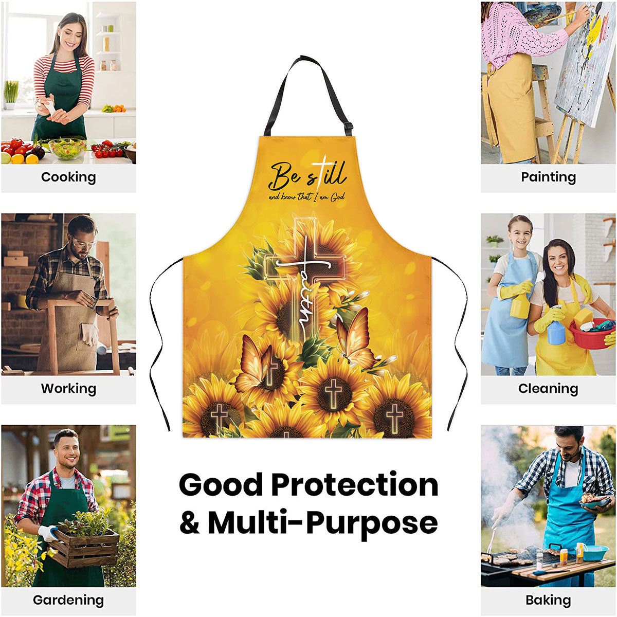 Jesuspirit | Psalm 46:10 | Be Still And Know That I Am God | Sunflower & Faith Cross | Apron With Tie Back Closure HN109