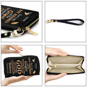 Jesuspirit | Personalized Zippered Leather Clutch Purse | Romans 1:16 | Gift Scriptures For Religious Women | For I Am Not Ashamed Of The Gospel NUM467C
