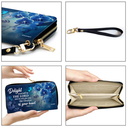 Jesuspirit | Psalm 37:4 | Personalized Leather Clutch Purse | Delight Yourself In The Lord | Blue Orchids And Lilac CPH47