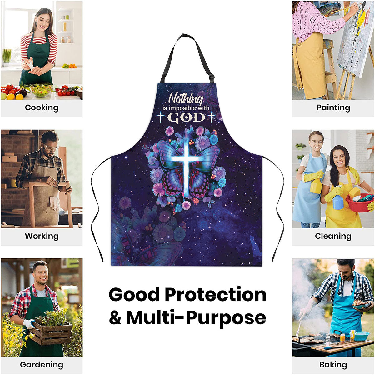 Jesuspirit Apron With Adjustable Neck Strap | Butterfly & Cross | Luke 1:37 | Nothing Is Impossible With God HN156