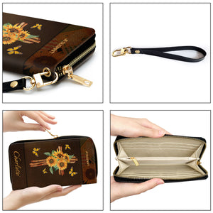 Jesuspirit | Personalized Sunflower Zippered Leather Clutch Purse | Religious Gifts For Women Of God | Be Joyful In Hope AHN251B