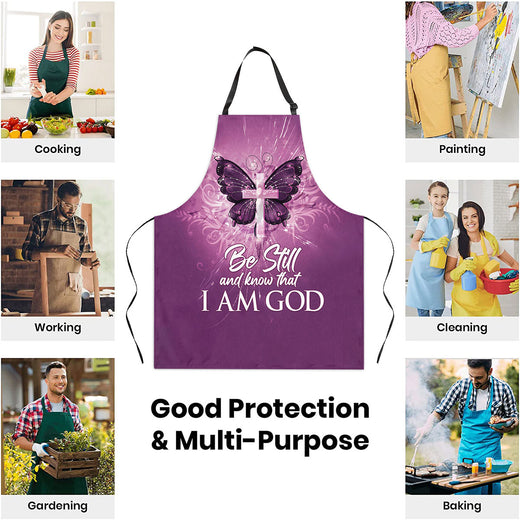 Jesuspirit | Be Still And Know That I Am God | Butterfly And Cross | Psalm 46:10 | Stunning Purple Apron With Neck Strap A47