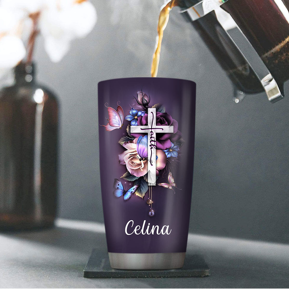 Lovely Personalized Floral Cross Stainless Steel Tumbler 20oz - I Can -  Jesuspirit