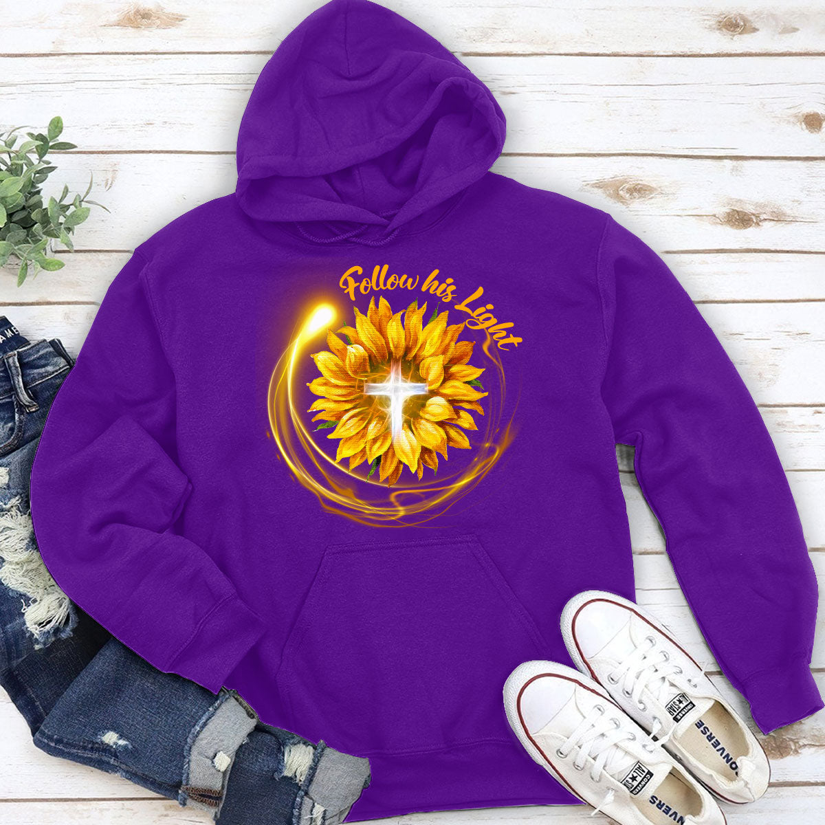 Jesuspirit Christian Unisex Hoodie | Sunflower And Cross | Follow His Light | Spiritual Gifts For Christians 2DUH763