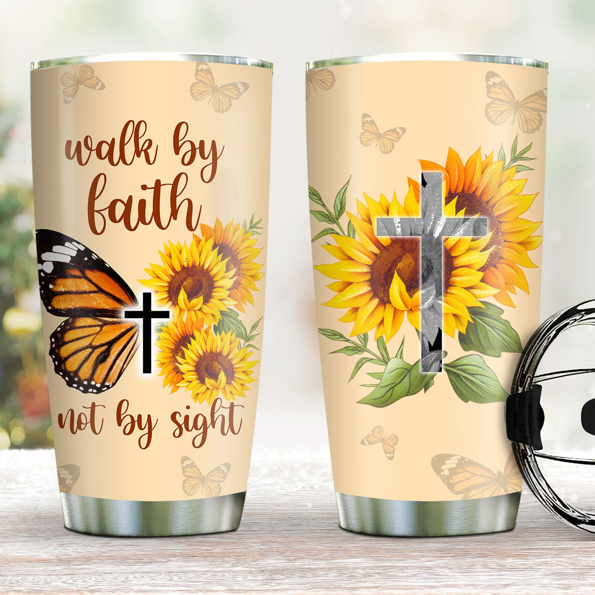 Walk By Faith - Sunflower and Butterfly Stainless Steel Tumbler 20oz AH38