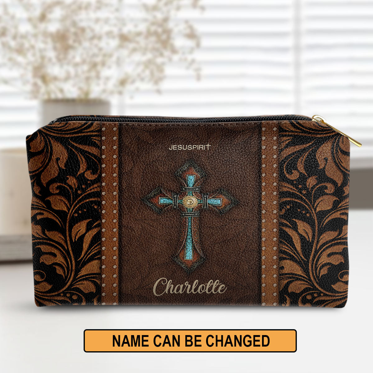 Jesuspirit | Personalized Cross Leather Pouch With Zipper | Gift For Religious Friends And Family AHN228