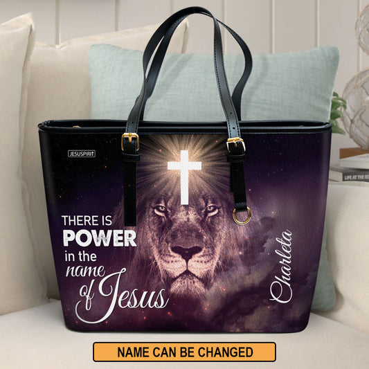 Special Personalized Lion Large Leather Tote Bag - There Is Power In The Name Of Jesus H01