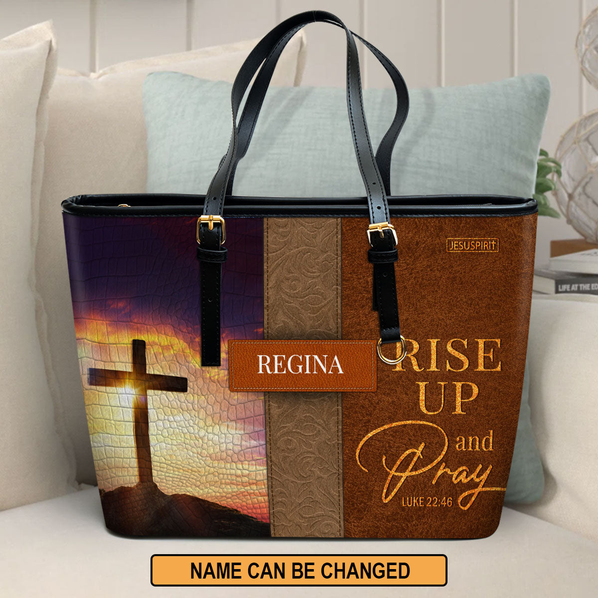 Rise Up And Pray - Unique Personalized Cross Large Leather Tote Bag H10