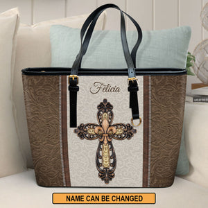 Unique Personalized Cross Large Leather Tote Bag H19