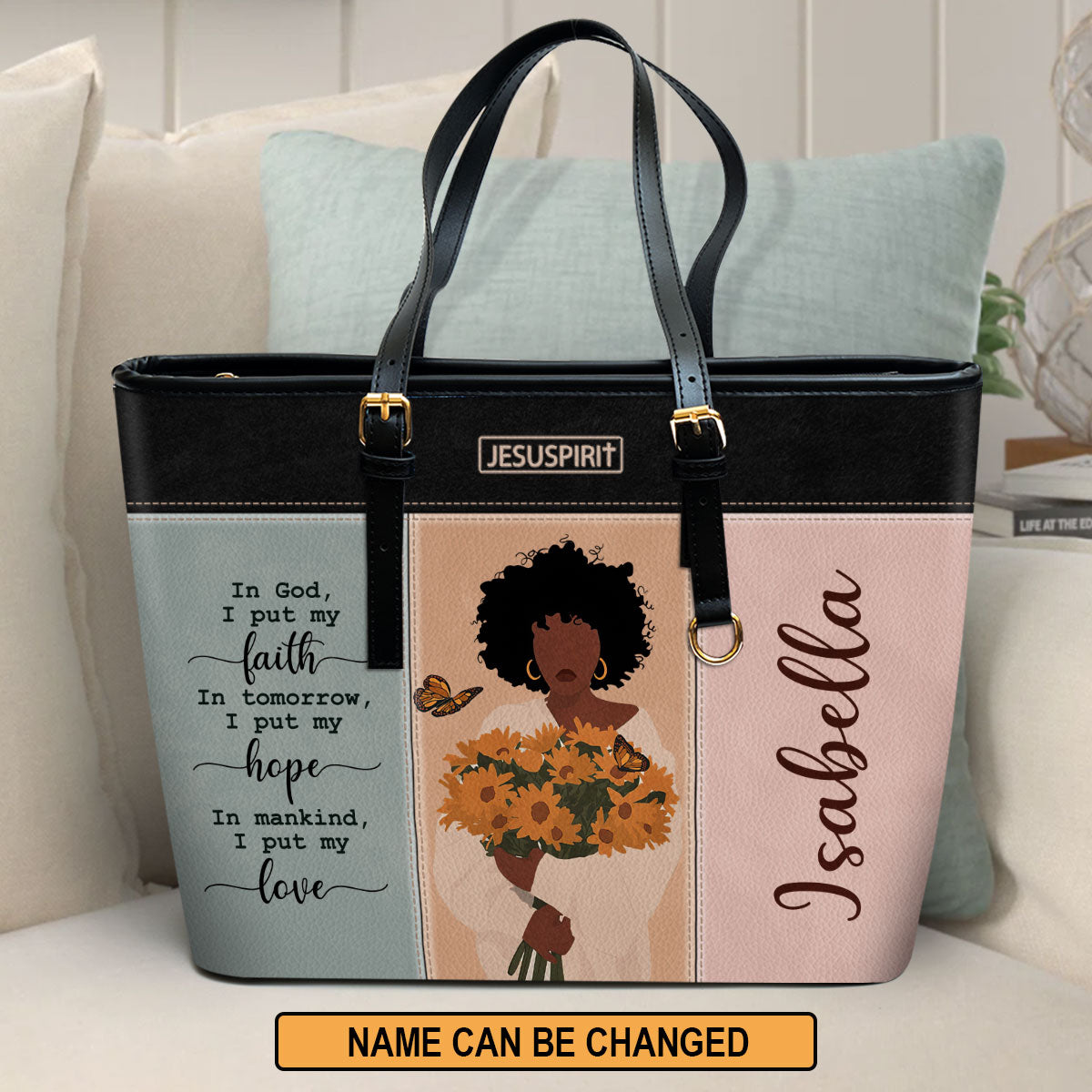 Pretty Personalized Large Leather Tote Bag - I Put My Faith In God HHN390