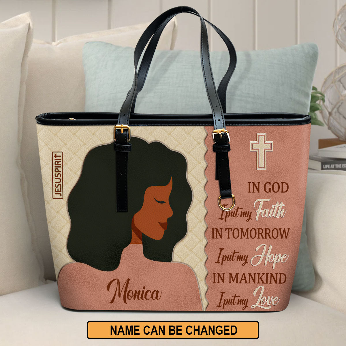 Special Personalized Large Leather Tote Bag - In God I Put My Faith HM391