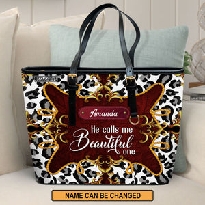 Special Personalized Large Leather Tote Bag - He Calls Me Beautiful One HIHN271