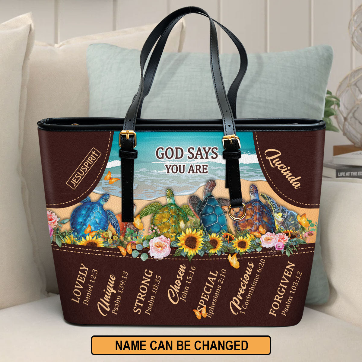 Lovely Personalized Turtle Large Leather Tote Bag - God Says You Are Special M13