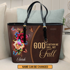 Adorable Personalized Rose Large Leather Tote Bag - God Is Within Me, I Will Not Fall NUH263