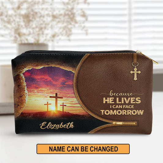 Jesuspirit | Inspirational Gift For Her | Personalized Zippered Leather Pouch | Because He Lives, I Can Face Tomorrow NUH267