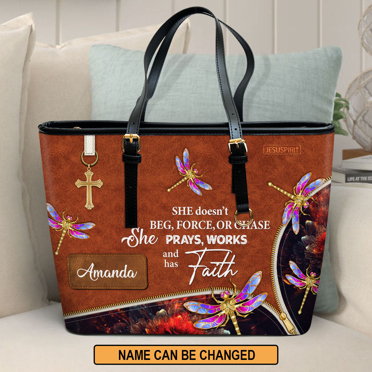 Beautiful Personalized Large Leather Tote Bag - She Prays, Works, And Has Faith NUH274