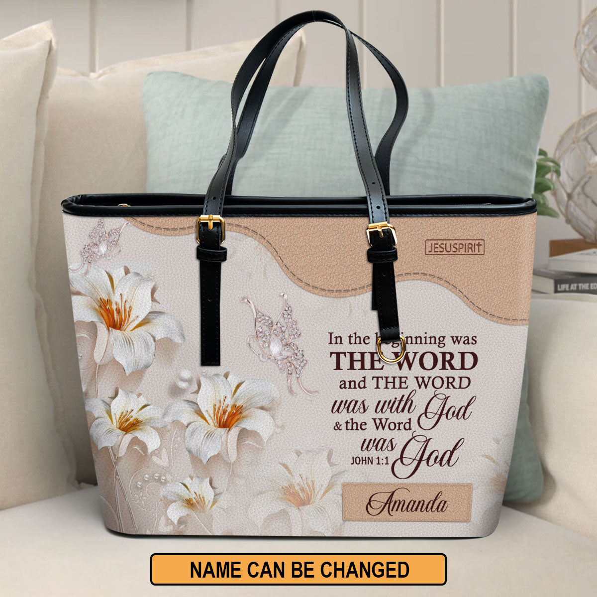 Personalized Large Leather Tote Bag - The Word Was With God NUH337