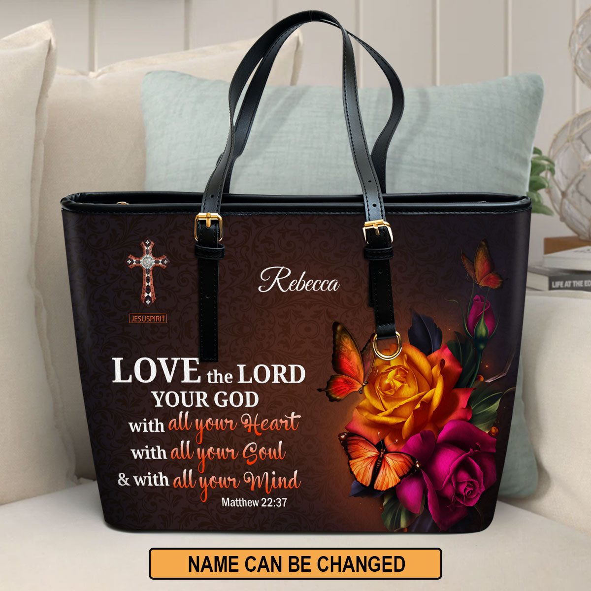 Jesuspirit Zippered Bible Tote Bag | Gift for Christian | Flower Cross Leather Bag with Long Strap| Christian Gift, Religious Gift, Christmas Gift