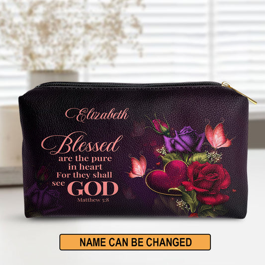 Jesuspirit | Personalized Butterfly And Rose Leather Pouch | Worship Gift For Women's Ministry | Matthew 5:8 | Blessed Are The Pure In Heart NUH472