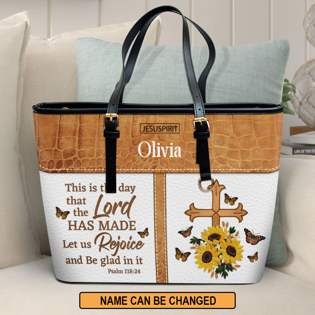 Unique Personalized Large Leather Tote Bag - Let Us Rejoice And Be Glad In It NUHN305