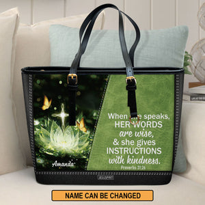Awesome Personalized Large Leather Tote Bag - When She Speaks, Her Words Are Wise NUHN316