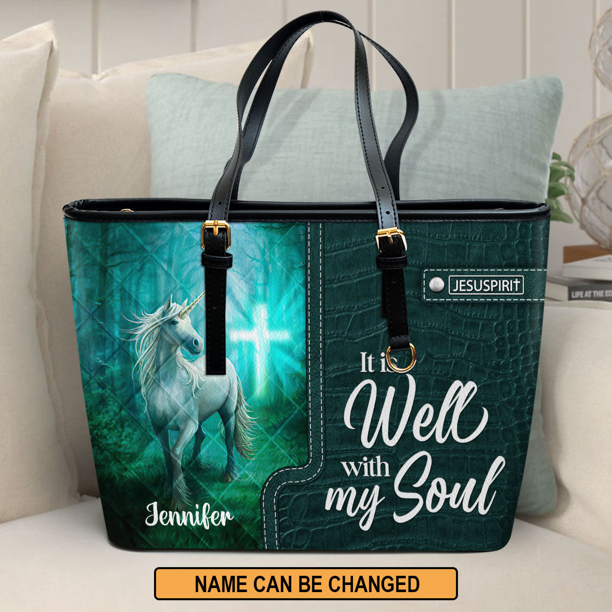 Awesome Personalized Large Leather Tote Bag - It Is Well With My Soul NUHN340