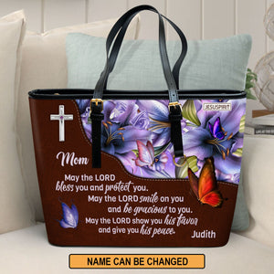 May The Lord Smile On You And Be Gracious To You - Sweet Personalized Large Leather Tote Bag For Mom NUHN363