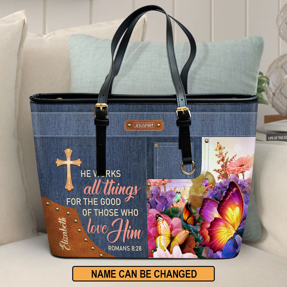 Personalized Large Leather Tote Bag - He Works All Things For The Good Of Those Who Love Him NUM315