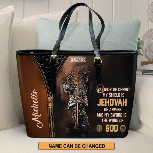 Special Personalized Large Leather Tote Bag - My Shield Is Jehovah Of Armies NUM396