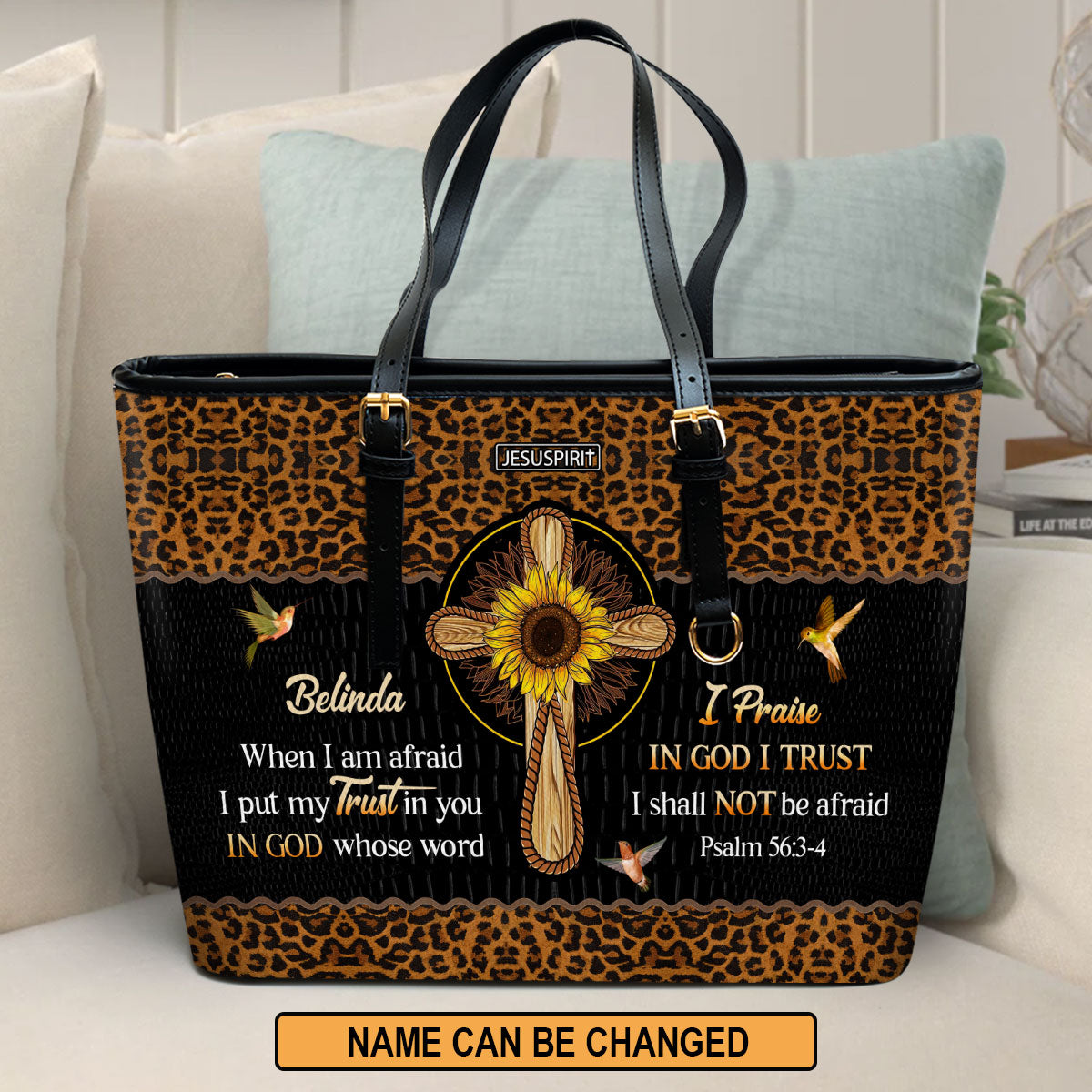 Personalized Large Leather Tote Bag - In God, Whose Word I Praise NUM434